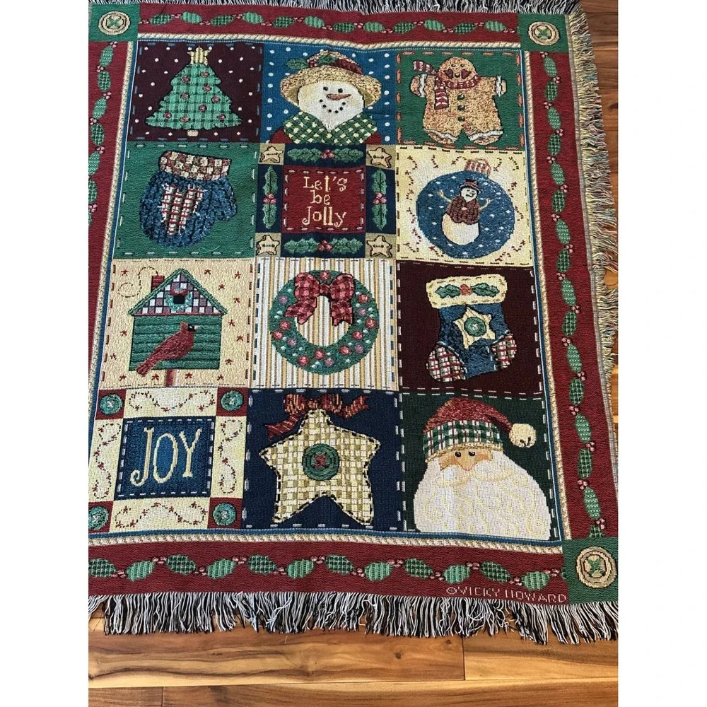 Vicky Howard Christmas Tapestry Throw Blanket Woven Fringed Santa Snowman 47x57
